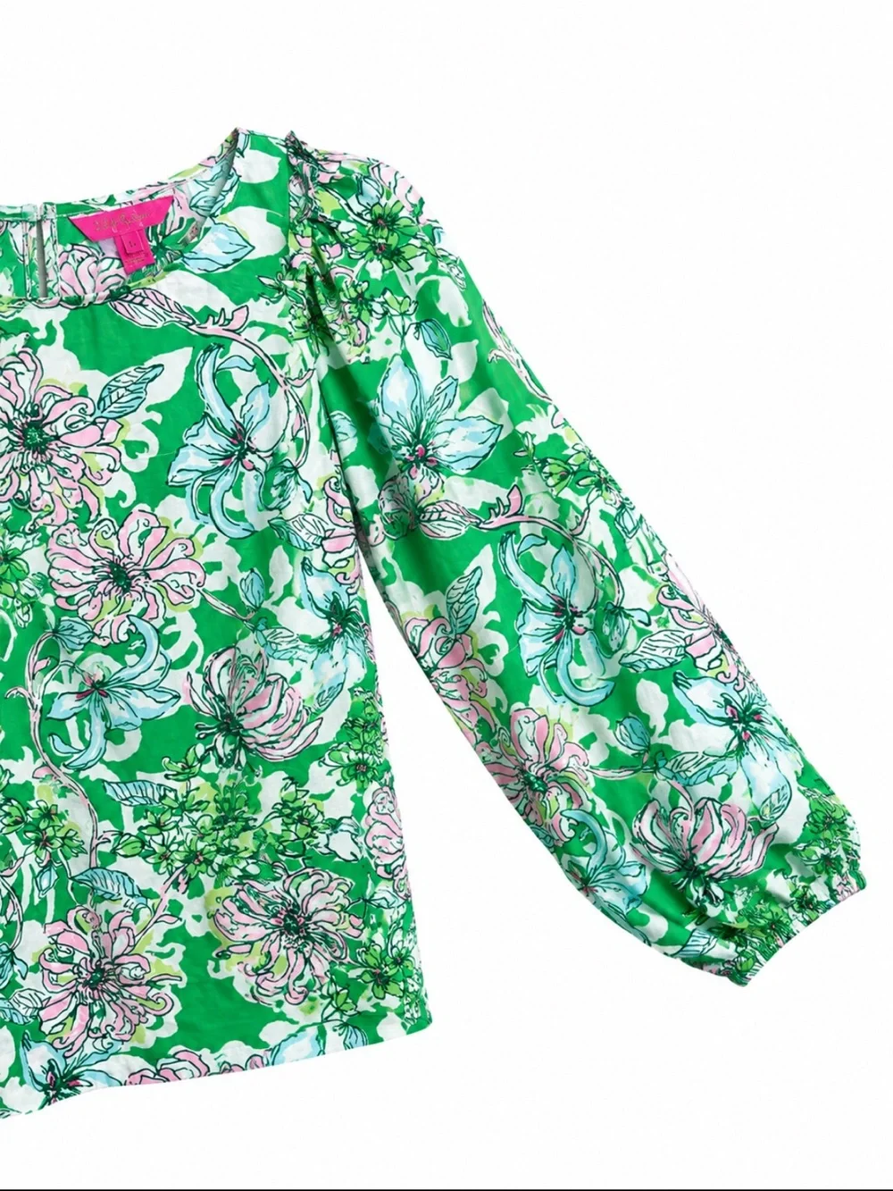 Lilly Pulitzer Green Pink Floral 100% Cotton Puff Sleeve Blouse Women’s 10